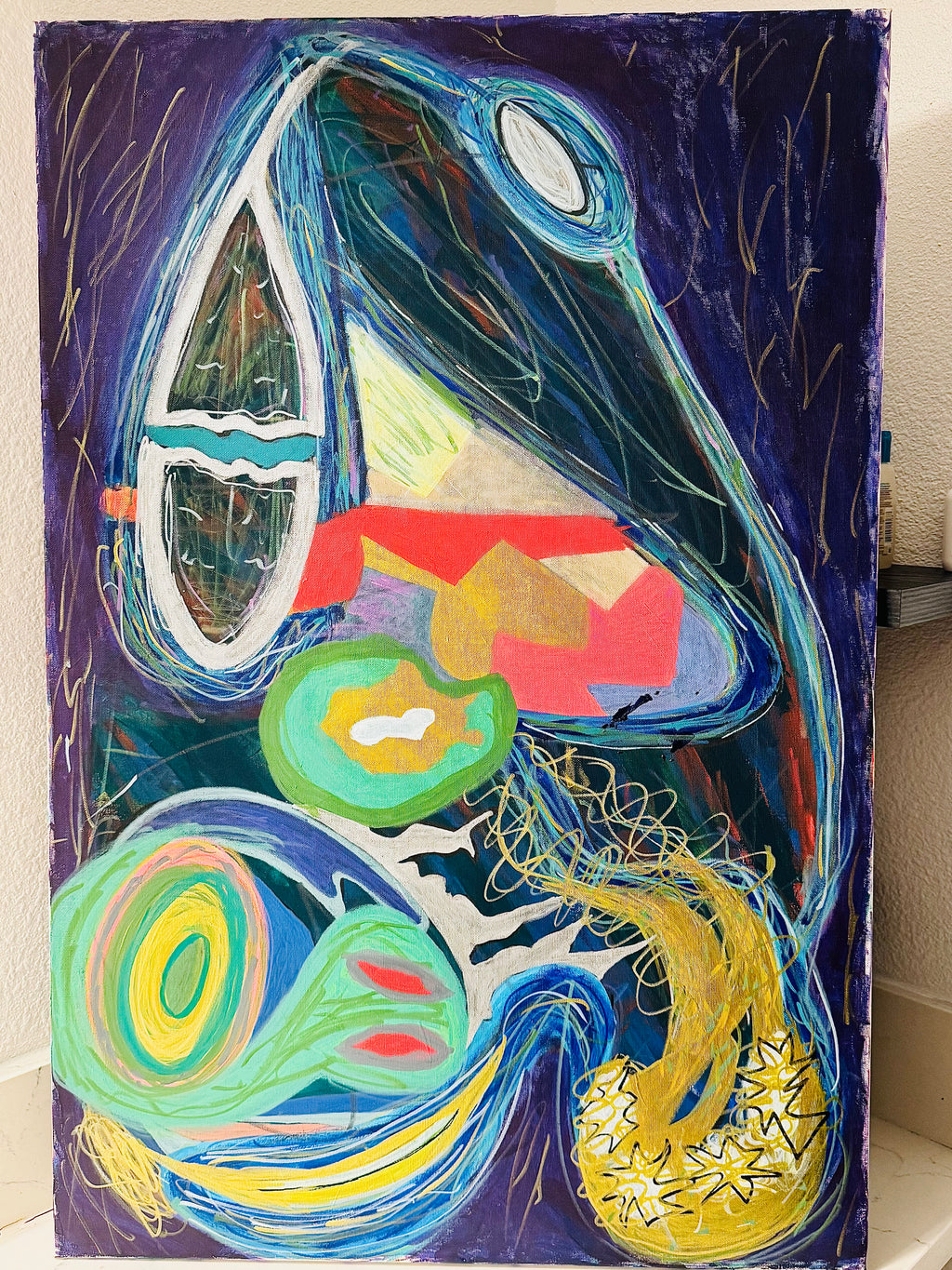 Abstract painting with colorful shapes and patterns on a dark background 24X36 Acrylic Canvas